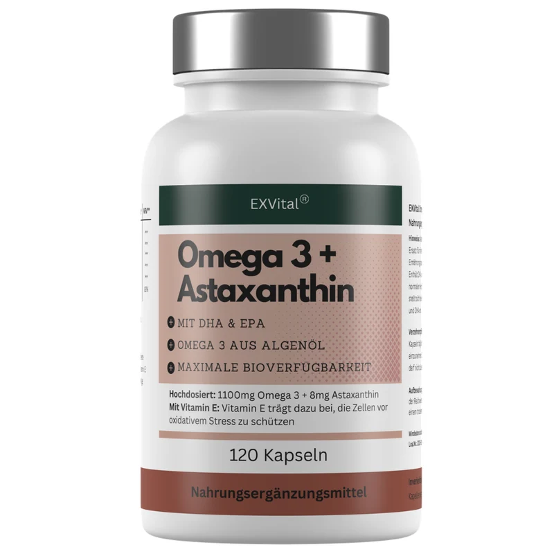 Omega 3 + Astaxanthin mit 600mg DHA & 300mg EPA + 8mg Astaxanthin, 120 Stück von EXVital